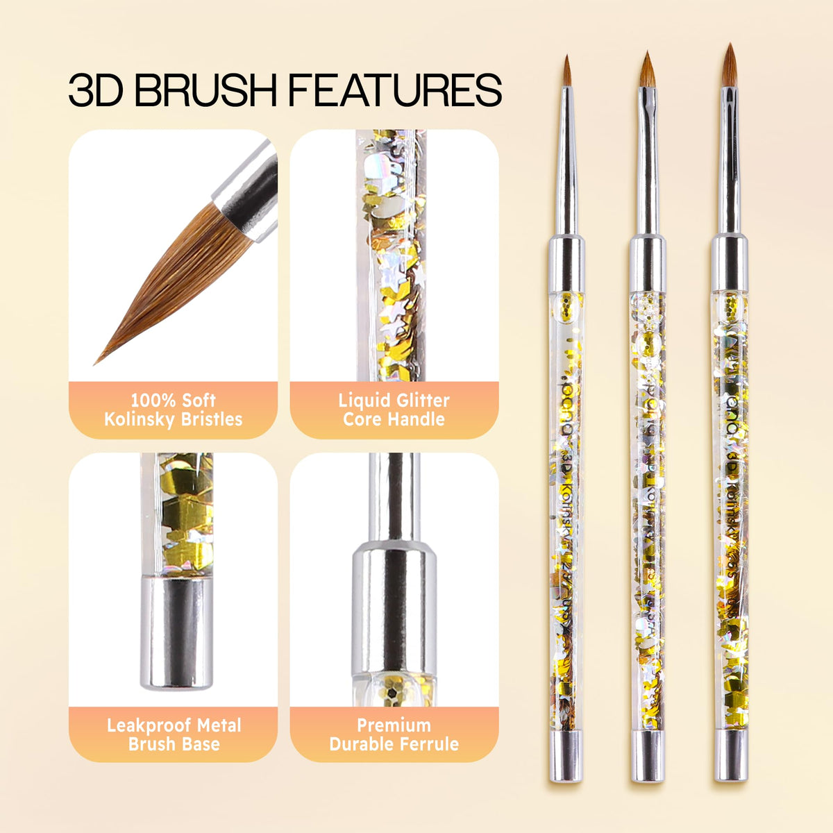 PANA 3D Kolinsky Nail Art Brush - Gold Glitter Handle, Size 4 - Acrylic Nail Art Sculpture Brush for Manicures Pedicure Salon Professional or Beginner