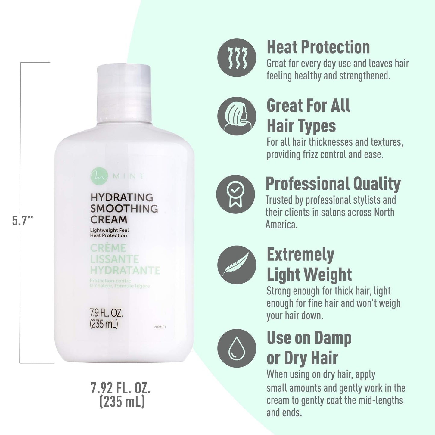 MINT Professional Series Hydrating Heat Protectant for Hair Extremely Light Weight Hair Smoothing Cream with Frizz Control for Damaged, Curly or Beauty & Personal Care MINT