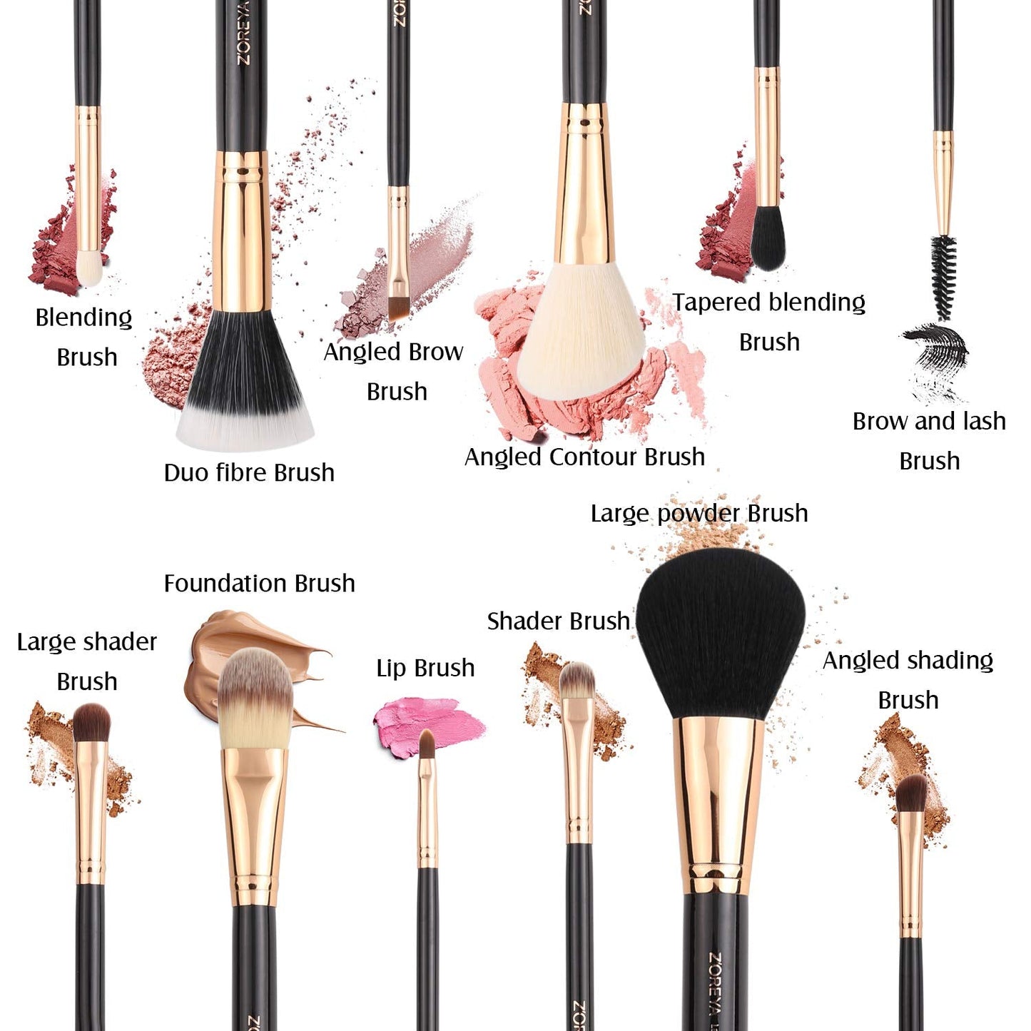 Z'OREYA Premium Travel makeup brush set 12 pieces essential Cosmetic tools Synthetic Hair Foundation Powder Eye Cosmetic brushes With Black Holder Beauty & Personal Care Z'OREYA