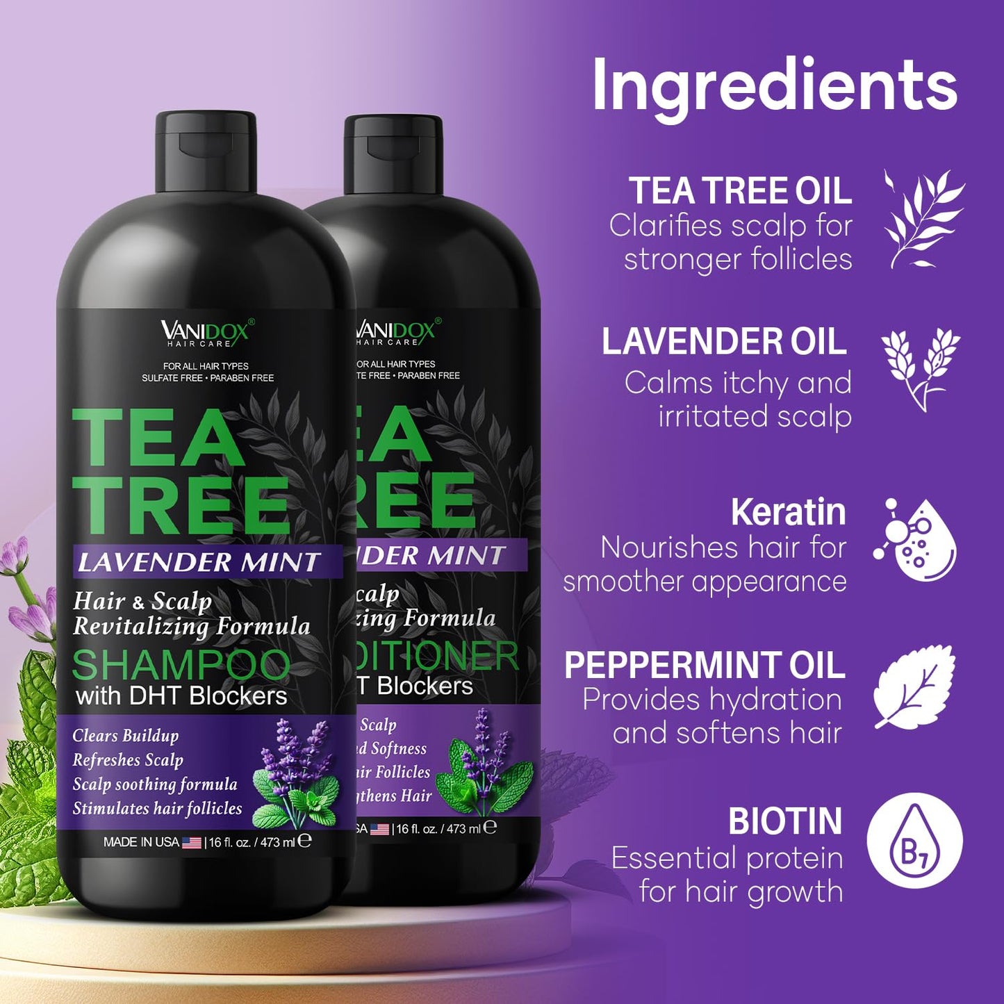 Vanidox Tea Tree Shampoo and Conditioner Set with Lavender and Mint | DHT Blockers | With 100% Pure Tea Tree Oil for Itchy, Dry Scalp | Sulfate Beauty & Personal Care VANIDOX