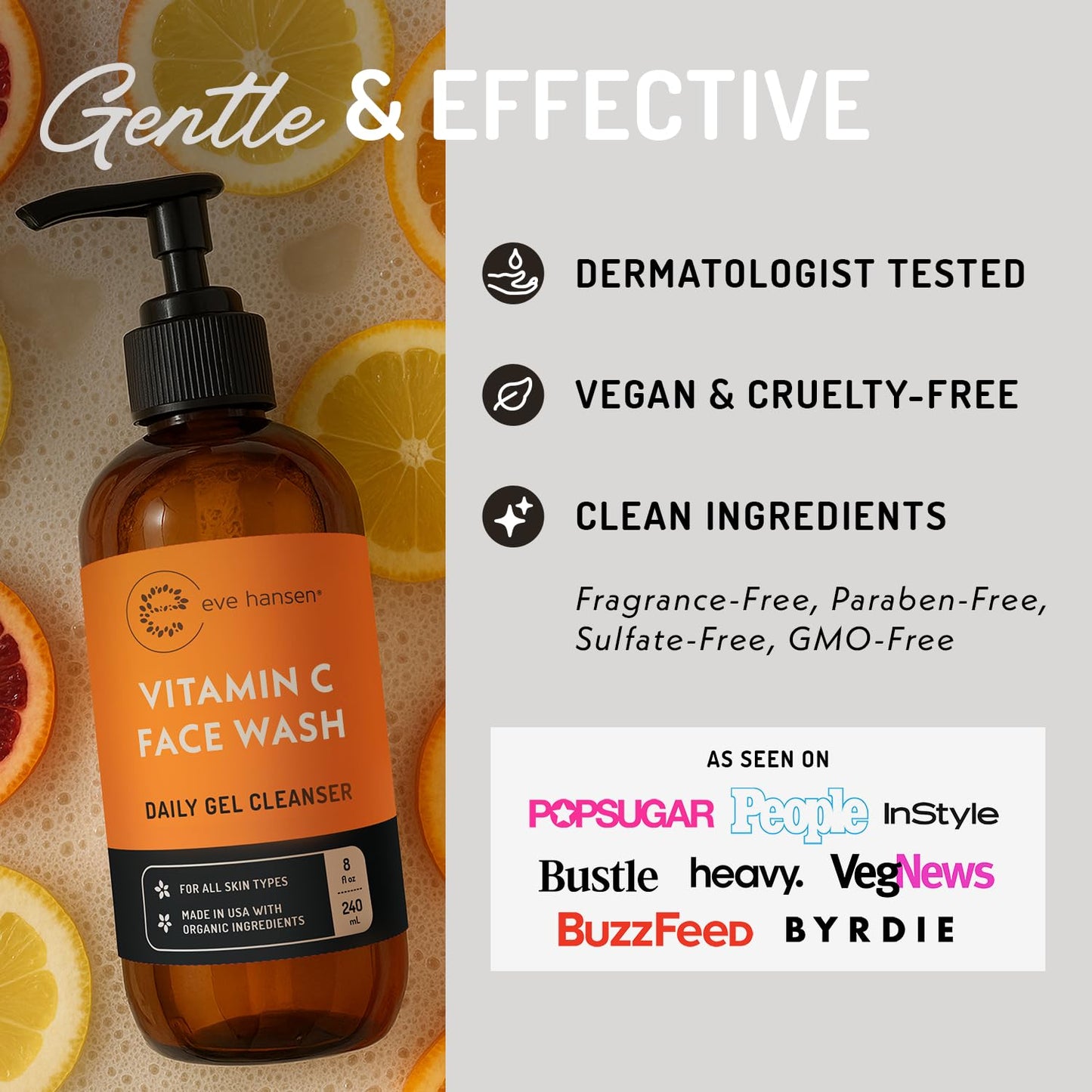Vitamin C Cleanser Face Wash - HUGE 8 oz Gentle Facial Cleansing Gel for Uneven Skin Tone, Age Spots and Fine Lines - Natural Face Soap with Aloe Beauty & Personal Care Eve Hansen