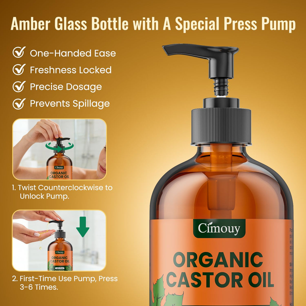 Cimouy USDA Organic Castor Oil Glass Bottle 16oz,100%Pure,Vegan,Hexane Free