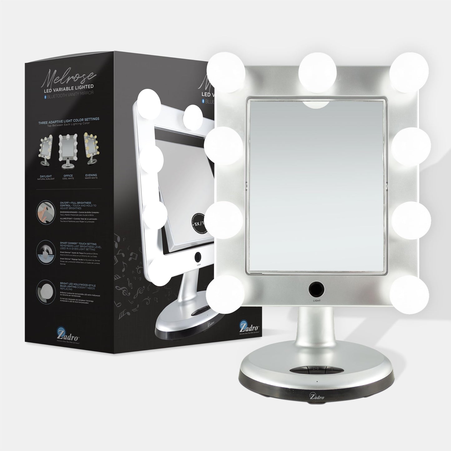 Zadro Melrose LED Variable 3-Color Lighted Dual-Sided 5X/1X Magnification Bluetooth Vanity Beauty Makeup Hollywood-Style Mirror, Satin Nickel Beauty & Personal Care Zadro