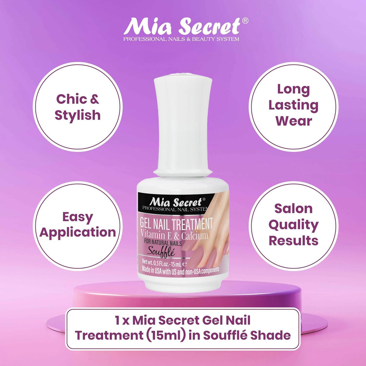 Mia Secret Gel Nail Treatment with Vitamin E and Calcium, 15ml - Nail Polish with Vitamin E and Calcium - Nail Repair and Strengthening Gel for Nails