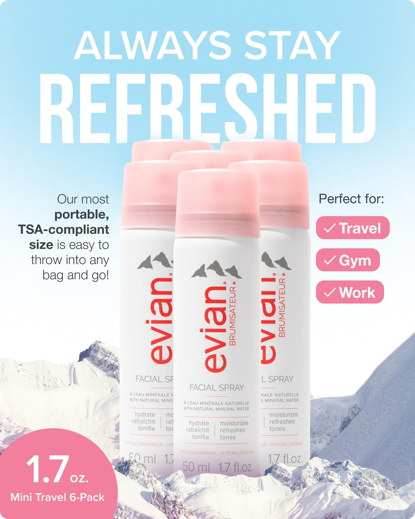 Evian Facial Spray 1.7 oz Travel 6-Pack - Hydrating Mineral Water Mist for Face & Skin - Refreshes Makeup and Tones Skin - TSA-Approved Mini Facial Beauty & Personal Care BRUMISATEUR