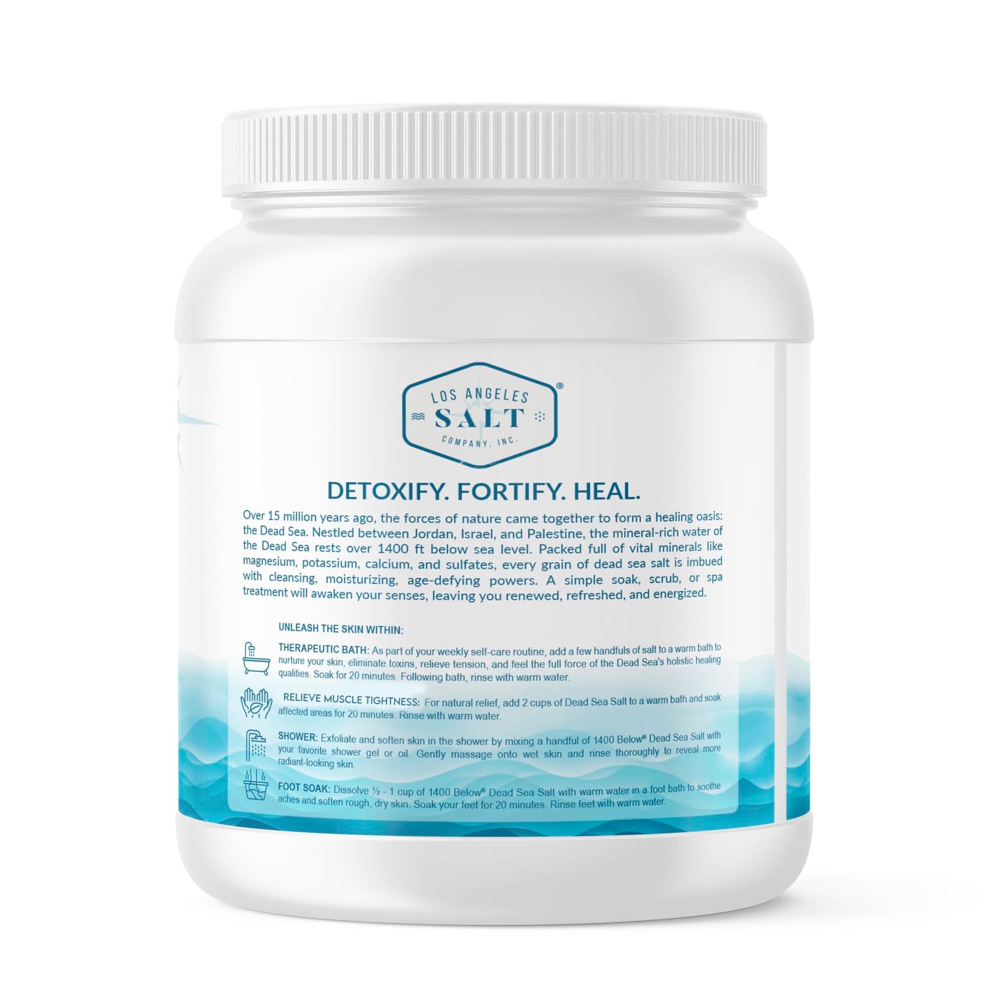 LA SALT CO 1400 Below 5 Lbs Jar Dead Sea Salt, Fine Grain - Foot and Spa Bath Soak, Exfoliating Body Scrub, 100% Pure and Mineral-Rich, Highest Beauty and Personal Care LA SALT CO