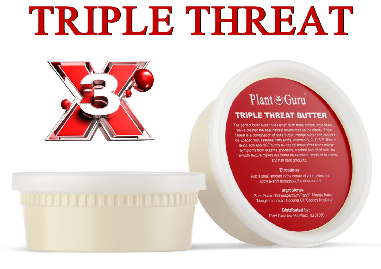 Plant Guru Triple Threat Body Butter 8 oz. - Blend of Shea, Mango & Coconut Oil - 100% Pure Natural Raw Unrefined Moisturizer For Dry Skin, Face Beauty & Personal Care Plant Guru