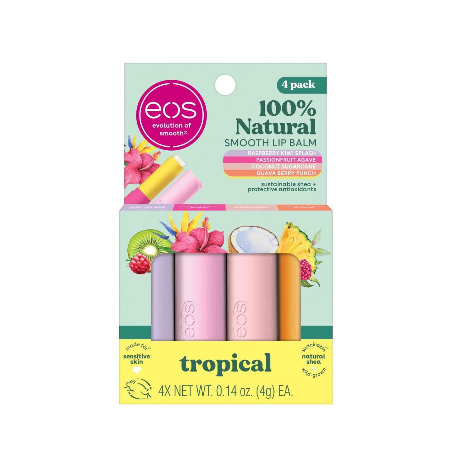 eos 100% Natural Lip Balms - Raspberry Kiwi Splash, Passionfruit Agave, Coconut Sugarcane, & Guava Berry Punch, All-Day Moisture Lip Care, 0.14 oz Beauty & Personal Care eos