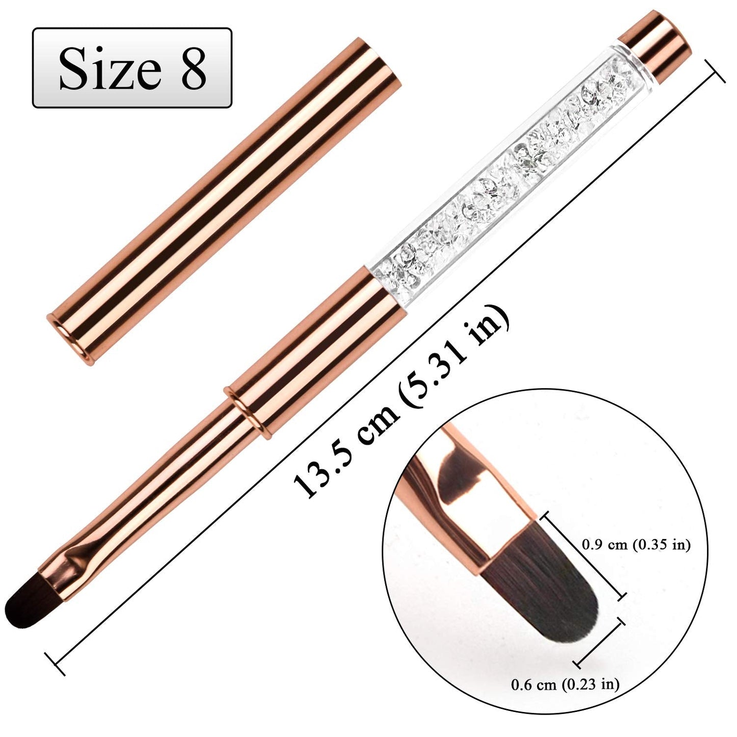 YCYAN 1Pcs Oval UV Gel Nail Brush Rhinestone Handle Professional Nail Art Tools Size 8 Rose Gold Beauty & Personal Care Ycyan