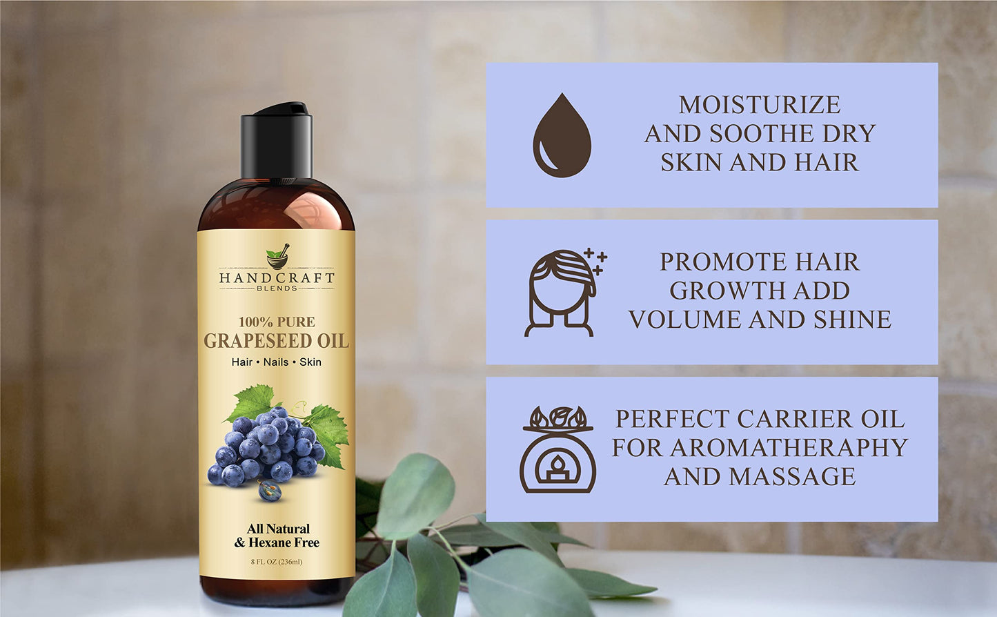 Handcraft Blends Grapeseed Oil - 100% Pure and Natural - Bath & Body Oil - Premium Grade Carrier Oil - Skin - Hair - Body - Massage - Cold-Pressed Beauty and Personal Care Handcraft Blends