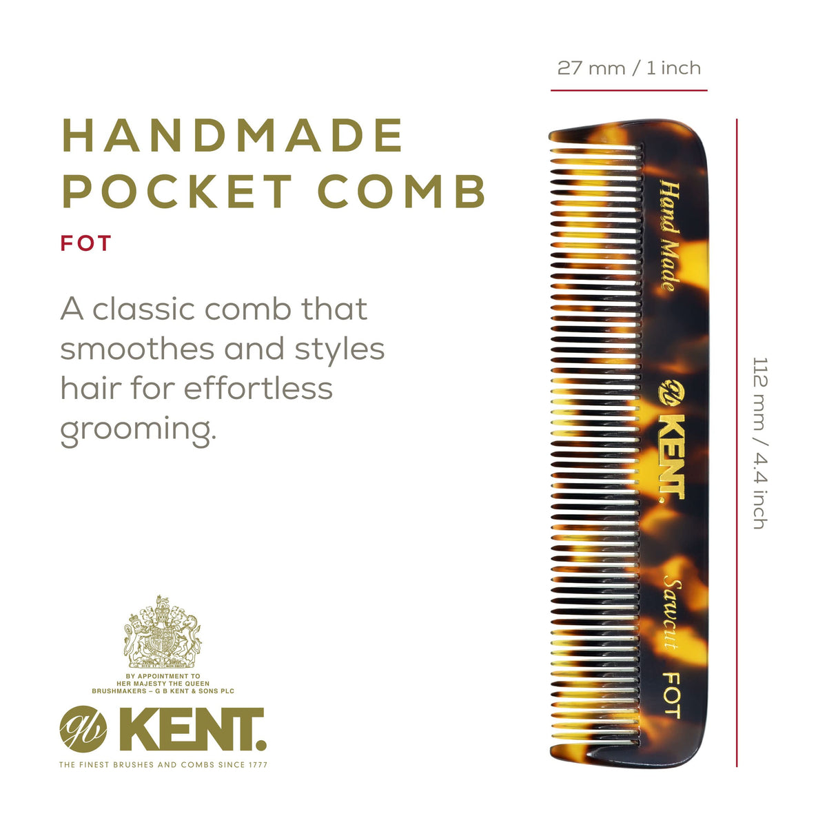 Kent FOT Tokyo Yellow Fine Tooth Comb for Men - Handmade Pocket Comb for Travel, Styling, Fine or Thinning Hair, Mustache and Beard Care Handpolished