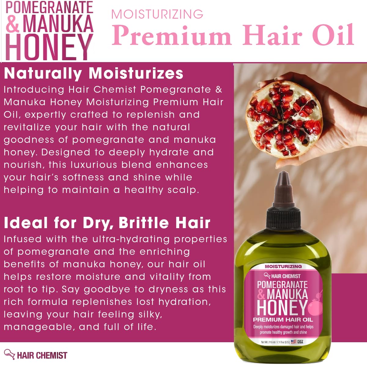 Hair Chemist Pomegranate & Manuka Honey Moisturizing Premium Hair Oil 7.1 oz. - Moisturizing Pomegranate and Honey Infused Hair Oil Beauty & Personal Care Hair Chemist