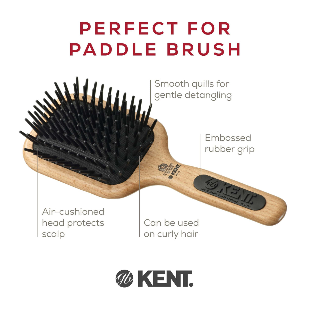 Kent PF19 Beechwood Cushion Paddle Brush - Scalp Massager and Detangler - The Hair Brush for Thick Hairs - Scalp Massager Growth Stimulator, Detangler