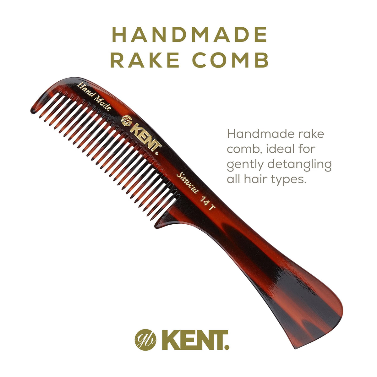 Kent 14T Tortoise Large Detangling Comb, Wide Teeth for Long Thick Curly Wavy Hair. Hair Detangler Comb For Wet and Dry. Saw-Cut from Cellulose and
