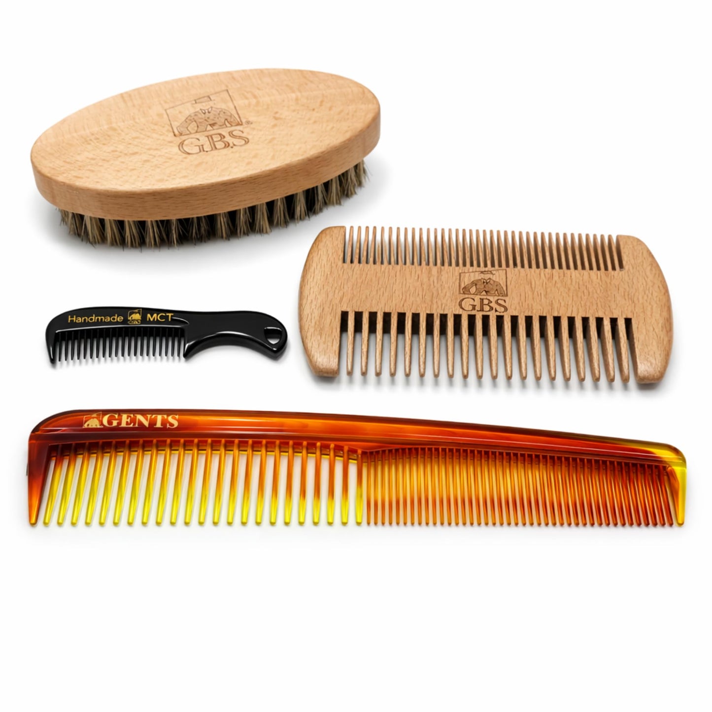 G.B.S Premium Beard Grooming Set - Wooden Handle Boar Bristle Beard Brush, Bamboo Wood & Tortoise Pocket Combs for Men Beauty and Personal Care G.B.S