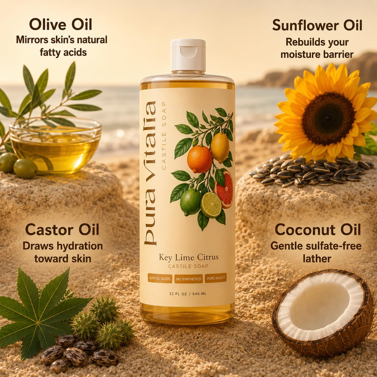 Pura Vitalia Key Lime Citrus Castile Soap Body Wash | With Organic Aloe & 4 Mediterranean Citrus Oils | No SLS, Parabens or Synthetic Fragrance | Beauty & Personal Care Pura Vitalia