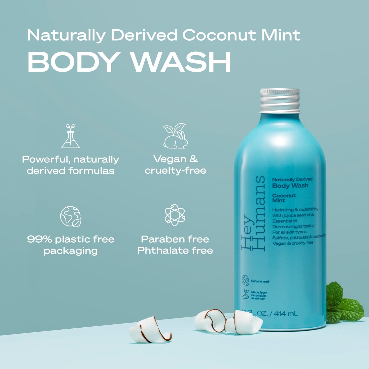 Hey Humans Coconut Mint Moisturizing Body Wash with Natural Ingredients & Jojoba Oil | Clean, Vegan, Sulfate Free Bath & Body Wash for Women & Men | Beauty & Personal Care HEY HUMANS