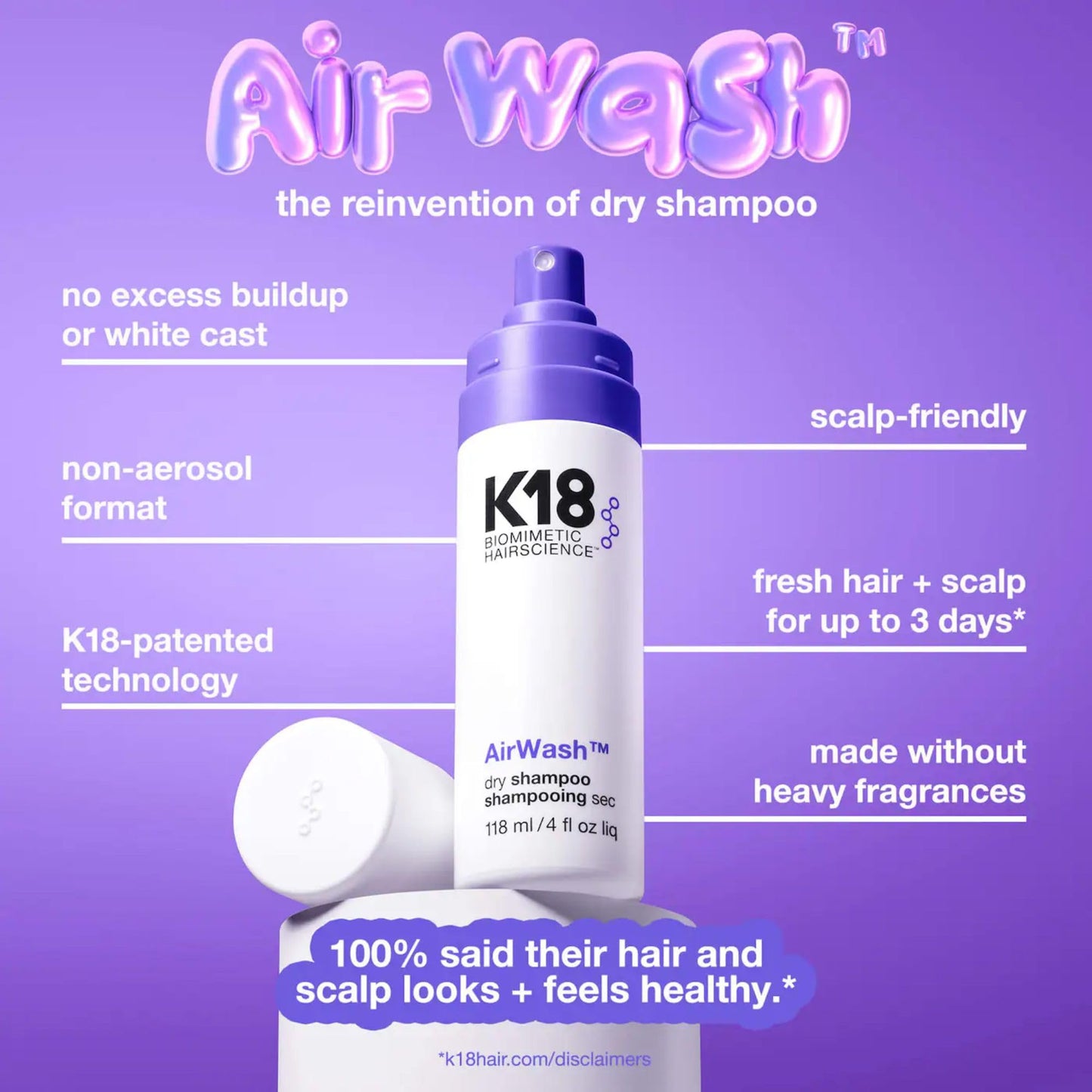 K18 AirWash Travel Non Aerosol Dry Shampoo Spray - Odor Eliminating Dry Shampoo for Women with No White Cast - Fresh Hair + Scalp for 3 Days - Absorbs Beauty and Personal Care K18
