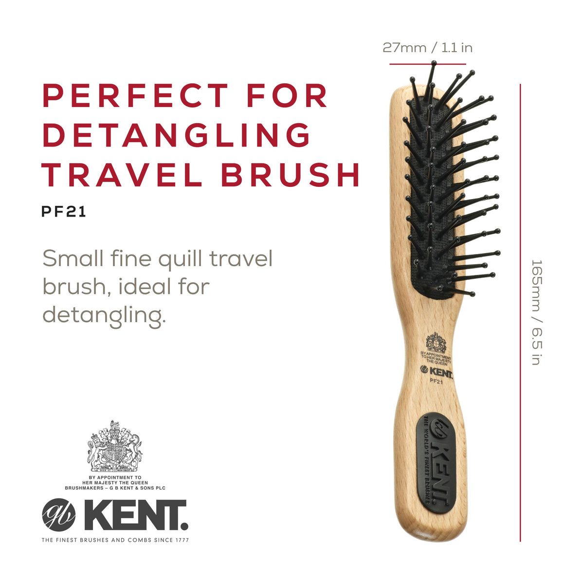 Kent PF21 Narrow Cushion Paddle Brush - Taming Fine Pins, Detangling Long, Thick and Curly Hair, Scalp Massager for Growth Stimulation on Wet or Dry