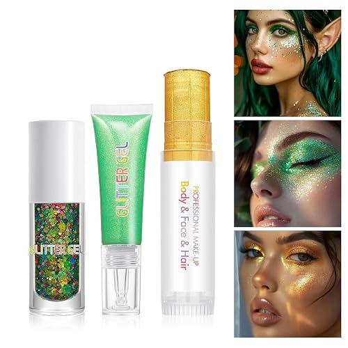 3Pcs Glitter Gel Set - Face & Body Chunky Sparkle Gel with Shimmer Highlighter Stick | Glitter Jelly for Eye, Festival Makeup, Nails, Body Art (Set B) Beauty & Personal Care FindinBeauty