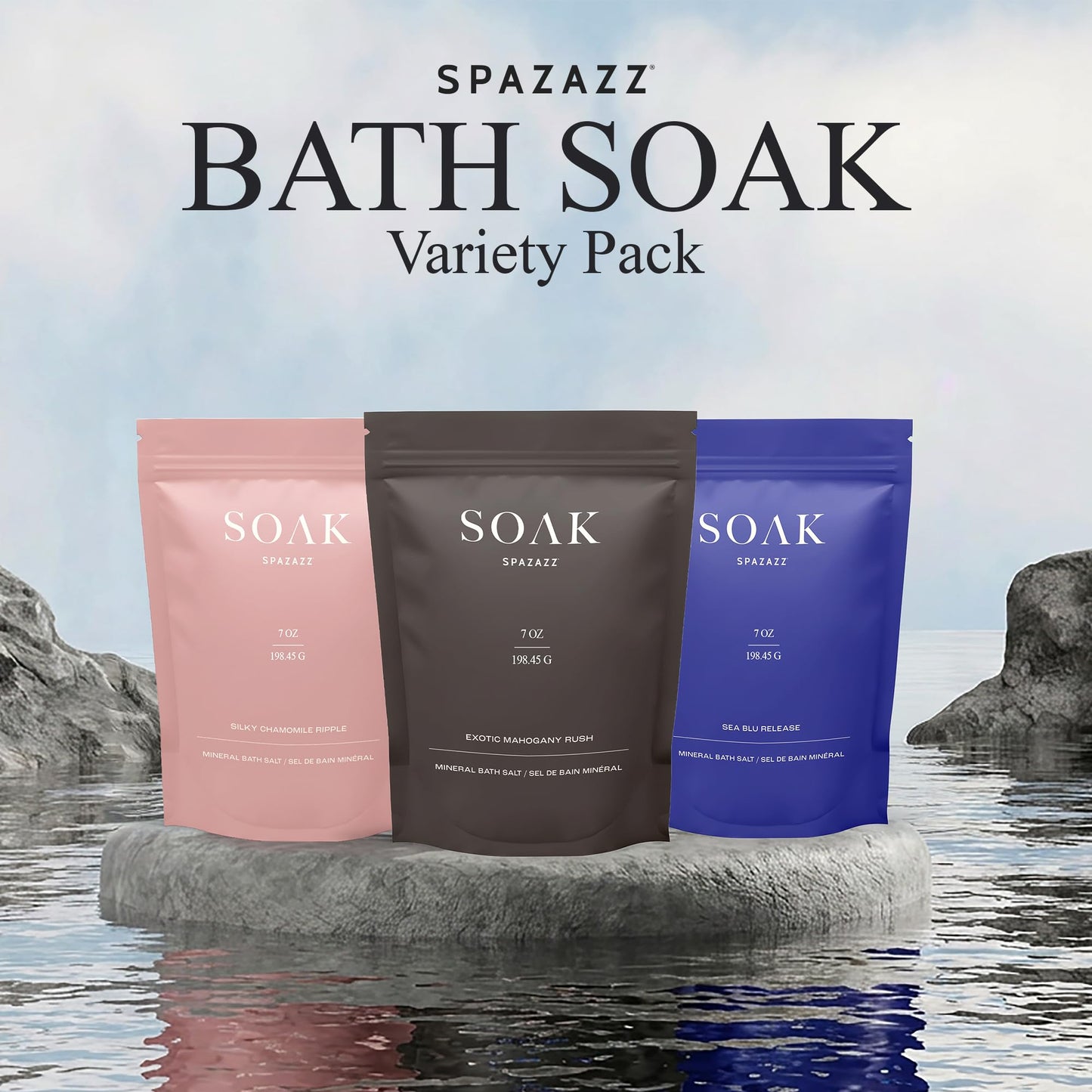 Spazazz Soak Bag Gift Set - 7oz Exotic Mahogany Rush, Silky Chamomile Ripple & Sea Blu Release Aromatherapy Bath Soak with Bath Salt Scoop, Tumbler Beauty and Personal Care Spazazz