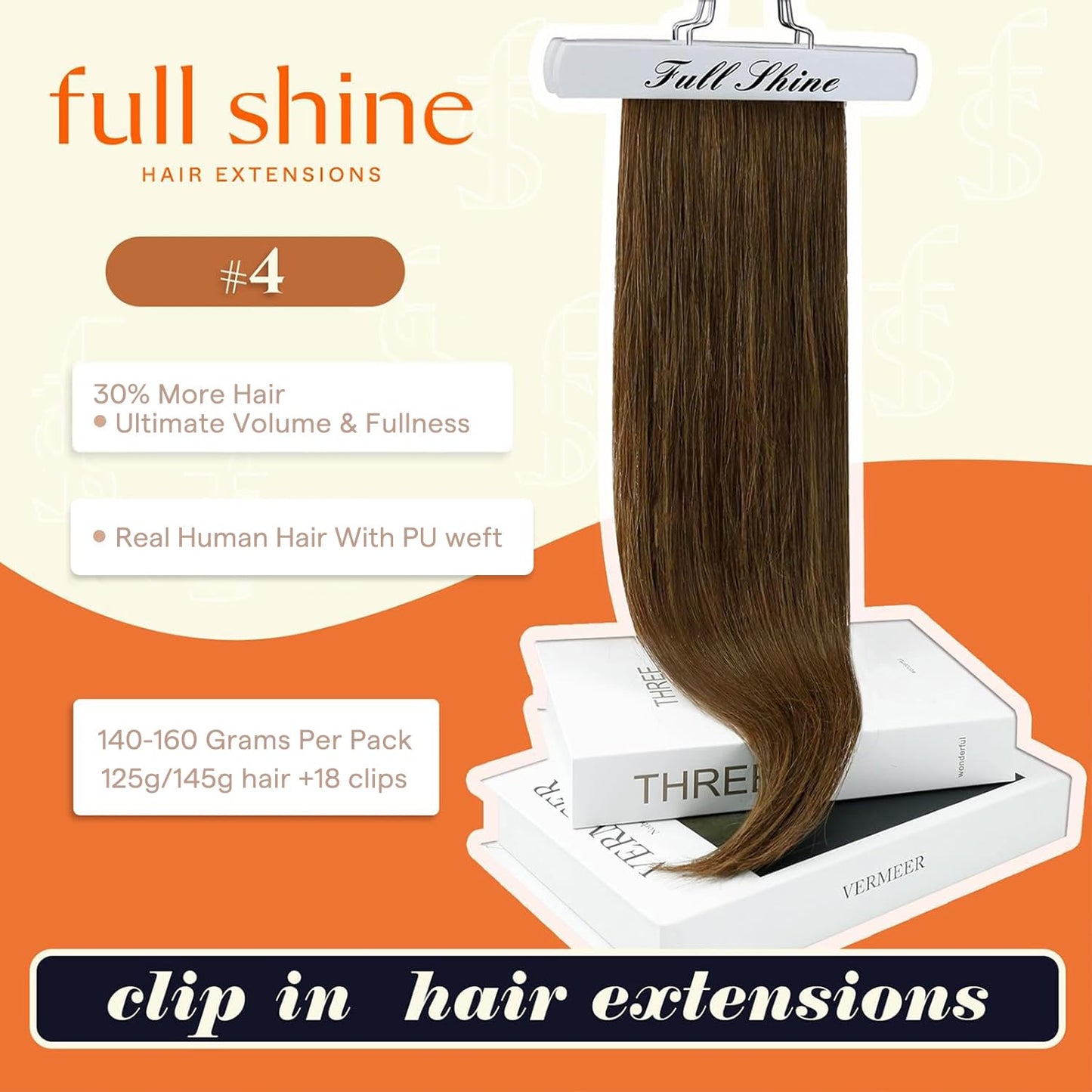 Full Shine Seamless Clip in Human Hair Extensions Medium Brown 140g 16 Inch Beauty and Personal Care Full Shine