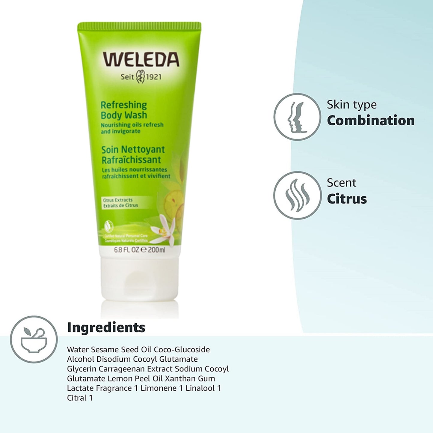 Weleda Refreshing Citrus Body Wash, 6.8 Fluid Ounce, Gentle Plant Rich Cleanser with Lemon Peel and Sesame Seed Oils Beauty & Personal Care Weleda