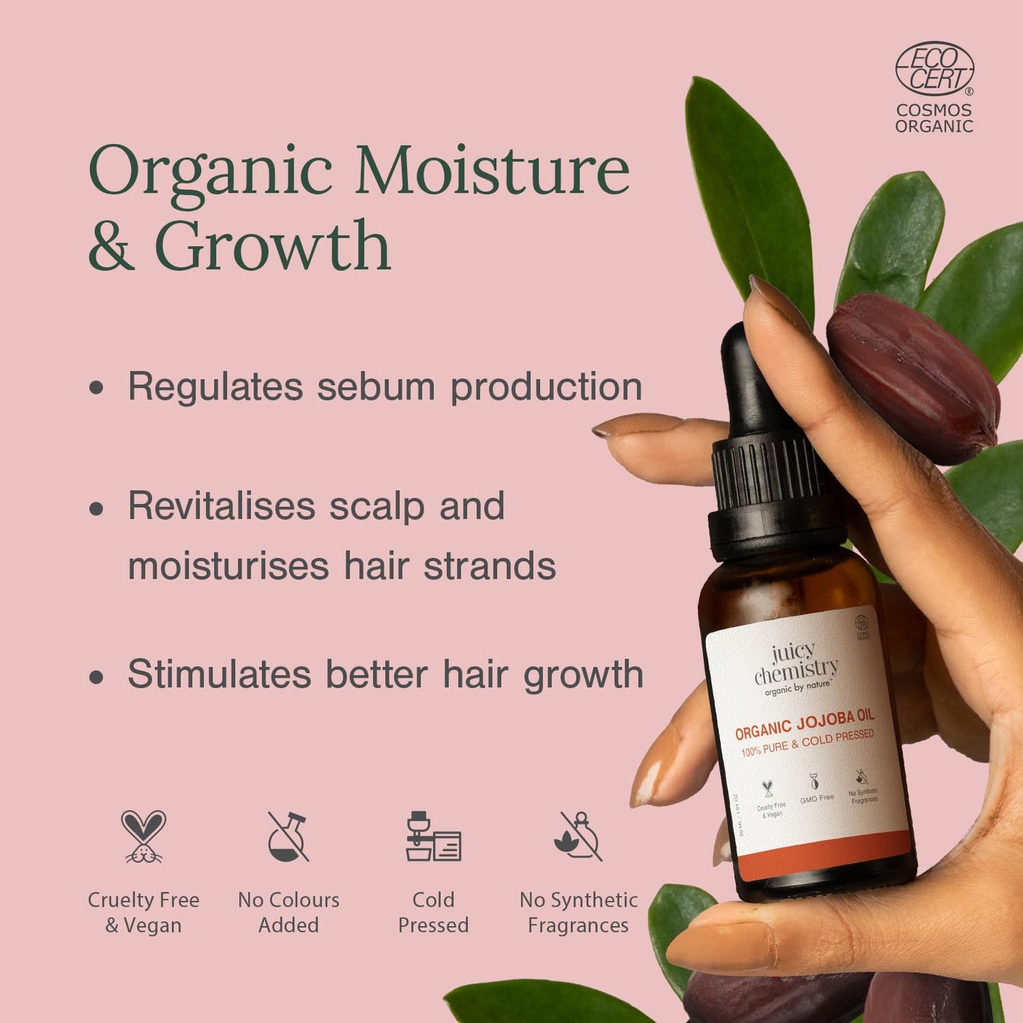 Juicy Chemistry Organic Jojoba Oil, 30 Ml Pure, Cold Pressed & Virgin Carrier Oil For Skin, Hair & Cuticles Naturally Rich In Vitamin E & Ceramides Beauty & Personal Care Juicy Chemistry