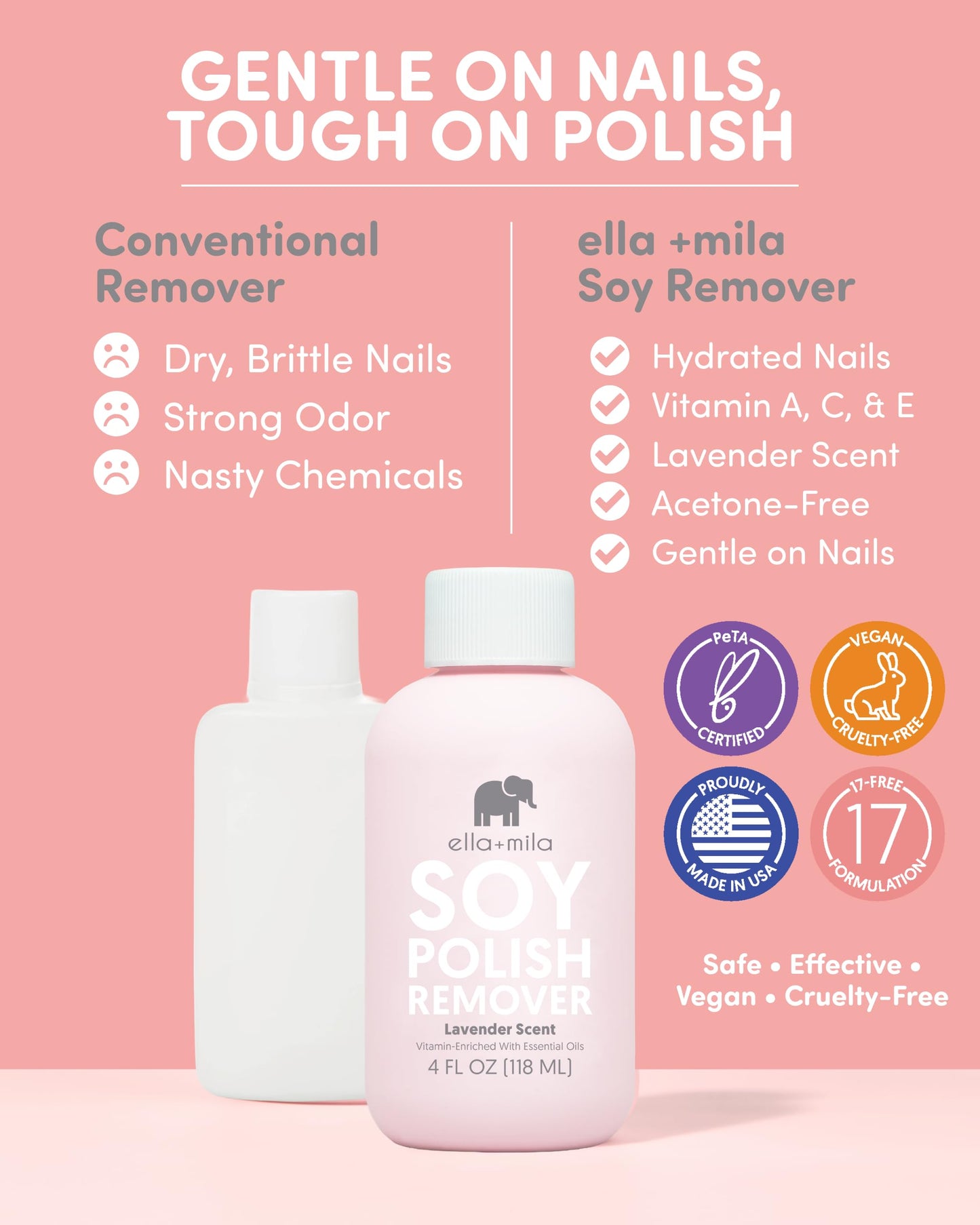 ella+mila Soy Nail Polish Remover Non-Acetone Nail Polish Remover - Non-Toxic Fingernail Polish Remover - For Natural Nail Polishes - Enriched Beauty and Personal Care ella+mila