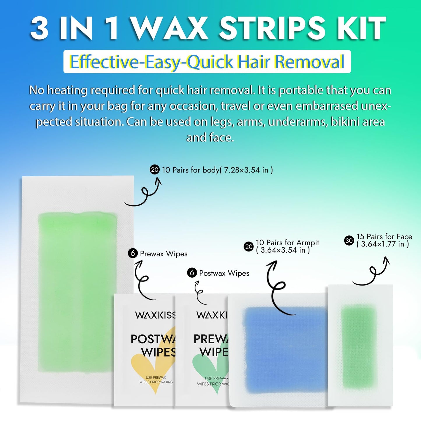 Waxkiss Wax Strips Kit for Women Men 70 Counts 3 Sizes & 12 Pcs Prewax and Afterwax Wipes Ready-to-use Waxing Strip Kit for Hair Removal Home Waxing Beauty and Personal Care waxkiss