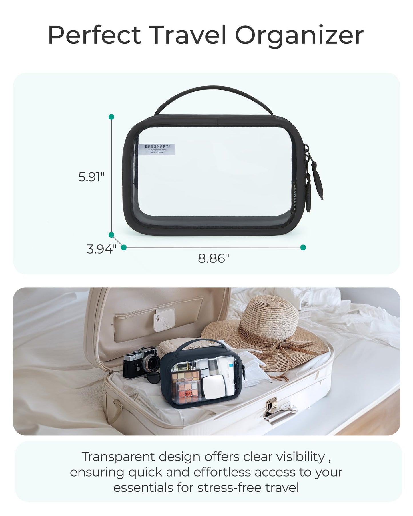 BAGSMART TSA-Approved Toiletry Bag, Large Opening Clear Makeup Bag with Handle, Quart Sized Travel Toiletry Bag, Carry-On Airline Compliant for Men Beauty and Personal Care BAGSMART