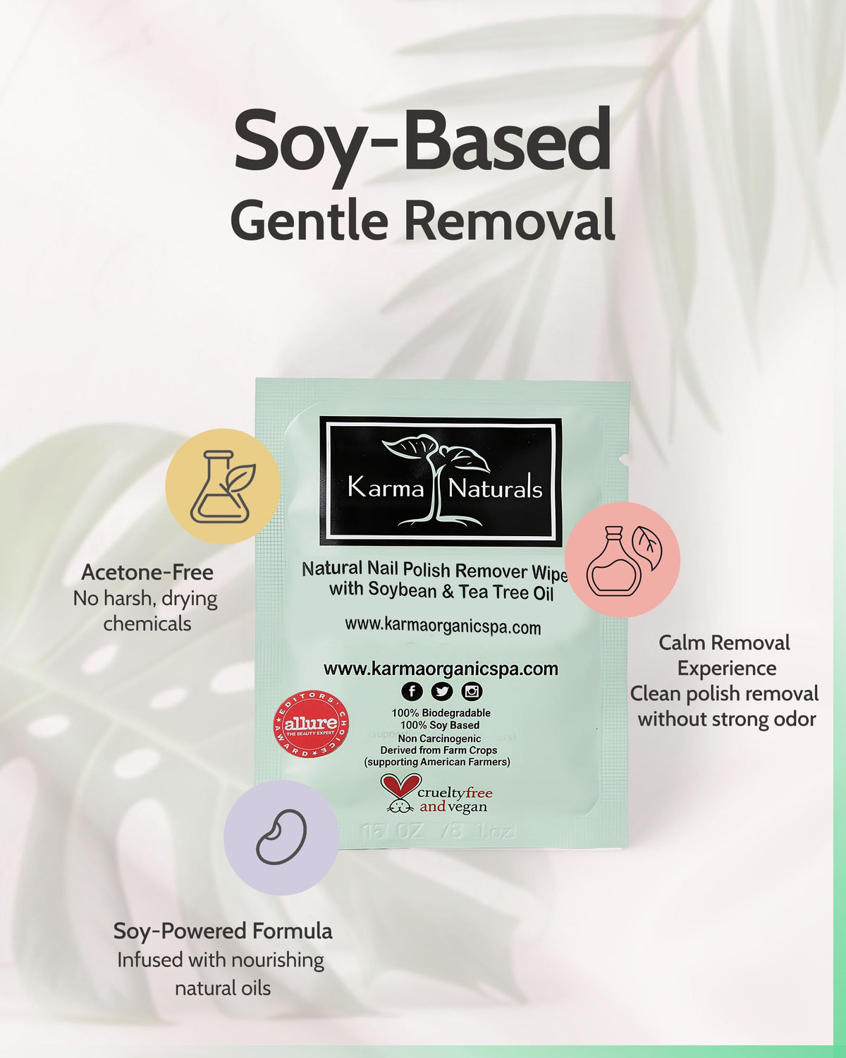 Karma Organic Natural Nail Polish Remover Wipes with Soybean and Tea Tree Oil, 100% Soy Based, Non-Toxic, Vegan, Cruelty-Free - Pack of 10