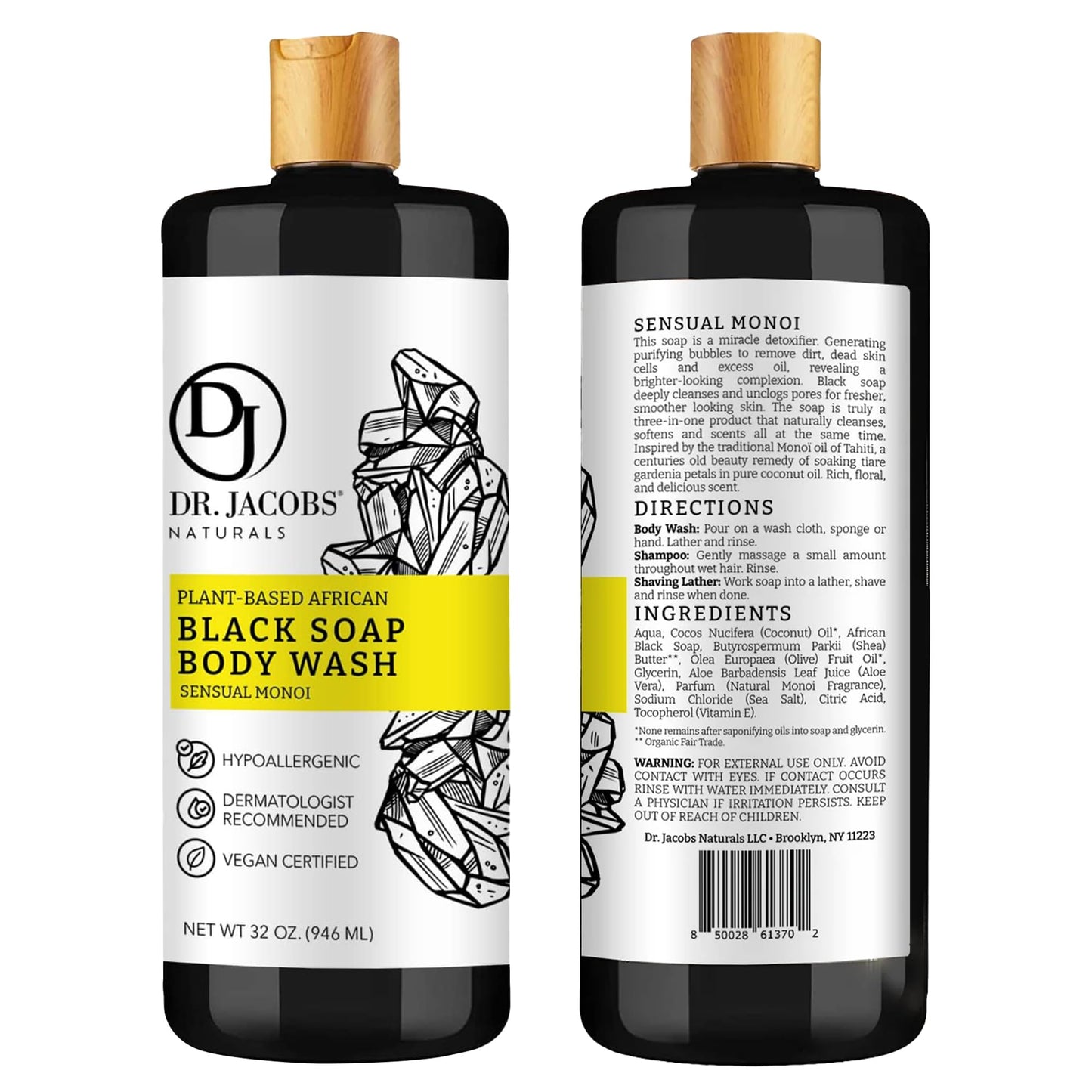 Dr Jacobs Naturals Authentic African Black Liquid Soap with Sensual Monoi Scent | All-In-One Face Wash, Sensitive Skin Body Wash, Shampoo, Shaving Beauty & Personal Care DR.JACOBS NATURALS