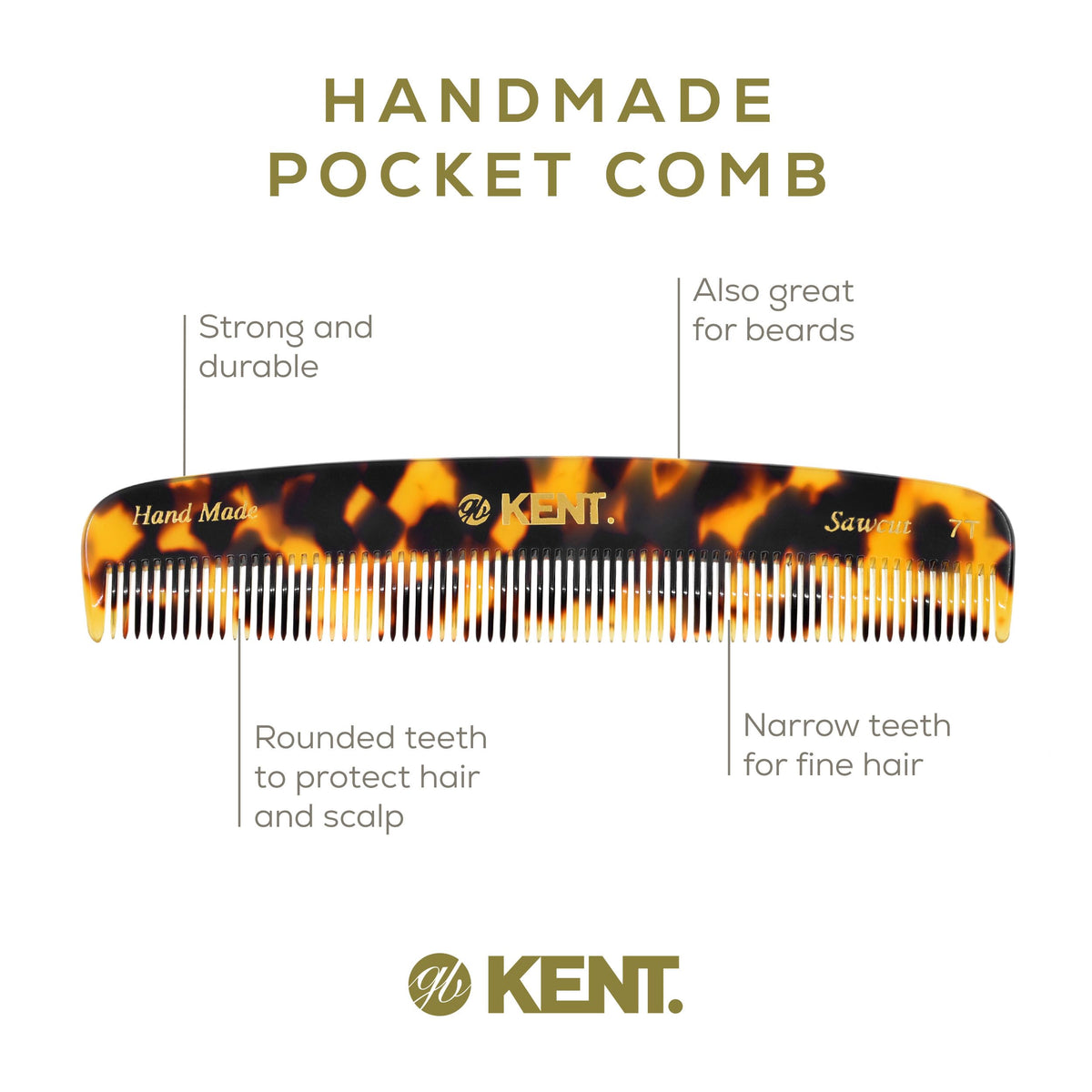 Kent 7T TY Handmade All Fine Tooth Pocket Comb for Men, Hair Comb Straightener for Everyday Grooming Styling Hair, Mustache and Beard, Use Dry or with