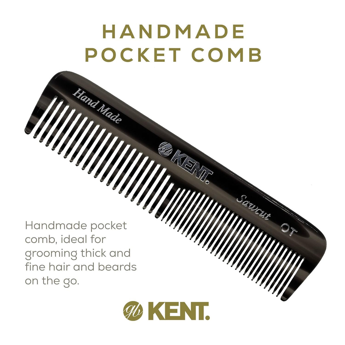 Kent OT Black Graphite Pocket Comb - Handmade Fine and Wide Tooth Hair Comb for Men, Women, and Kids - Travel, Beard, and Mustache Comb - Saw Cut and