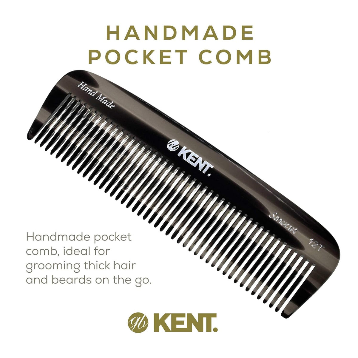 Kent 12T Black Graphite Pocket Comb - Handmade Wide Tooth Hair Comb for Men, Women, and Kids - Travel, Beard, and Mustache Comb - Saw Cut and Hand