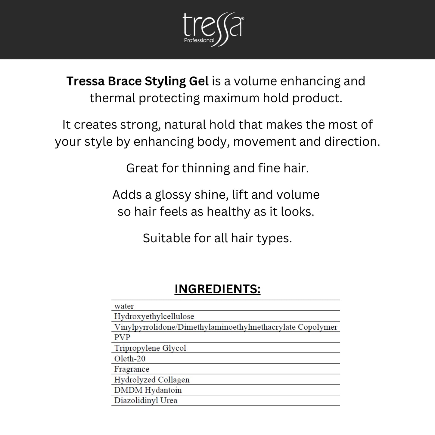 Tressa Professional BRACE Styling Gel, Maximum Hold with Thermal Protection, Volume, Lift and Gloss for Fine and Thinning Hair 8.5 Fl Oz Beauty & Personal Care Tressa