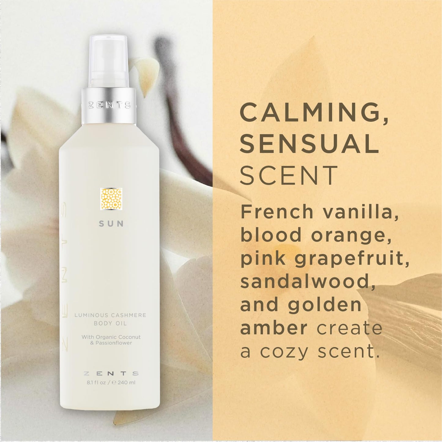 Zents Luminous Cashmere Body Oil (Sun Fragrance) | Moisturizing Body Oil with Vitamin E & Organic Coconut Oil | Softens & Smooths Skin | 8 fl oz Beauty & Personal Care Zents