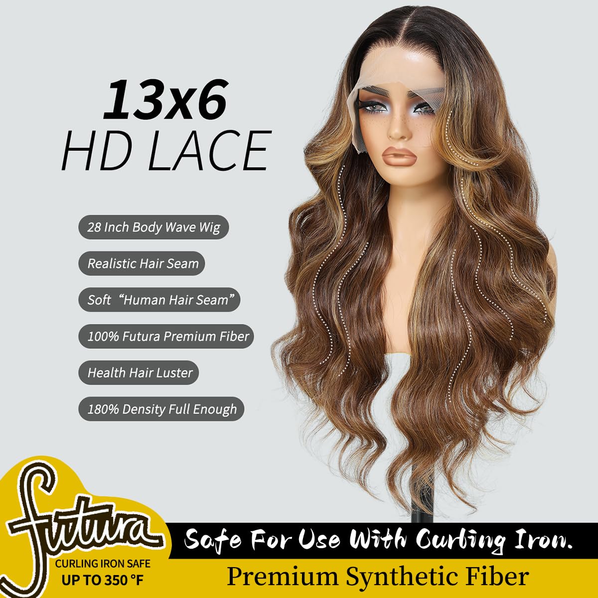 Sheshakewave Synthetic Lace Front Wig 13x6 HD Lace Wig Highlight Brown Mix Blonde Body Wave 100% Futura Premium Wigs For Women 28 Inch Pre Plucked
