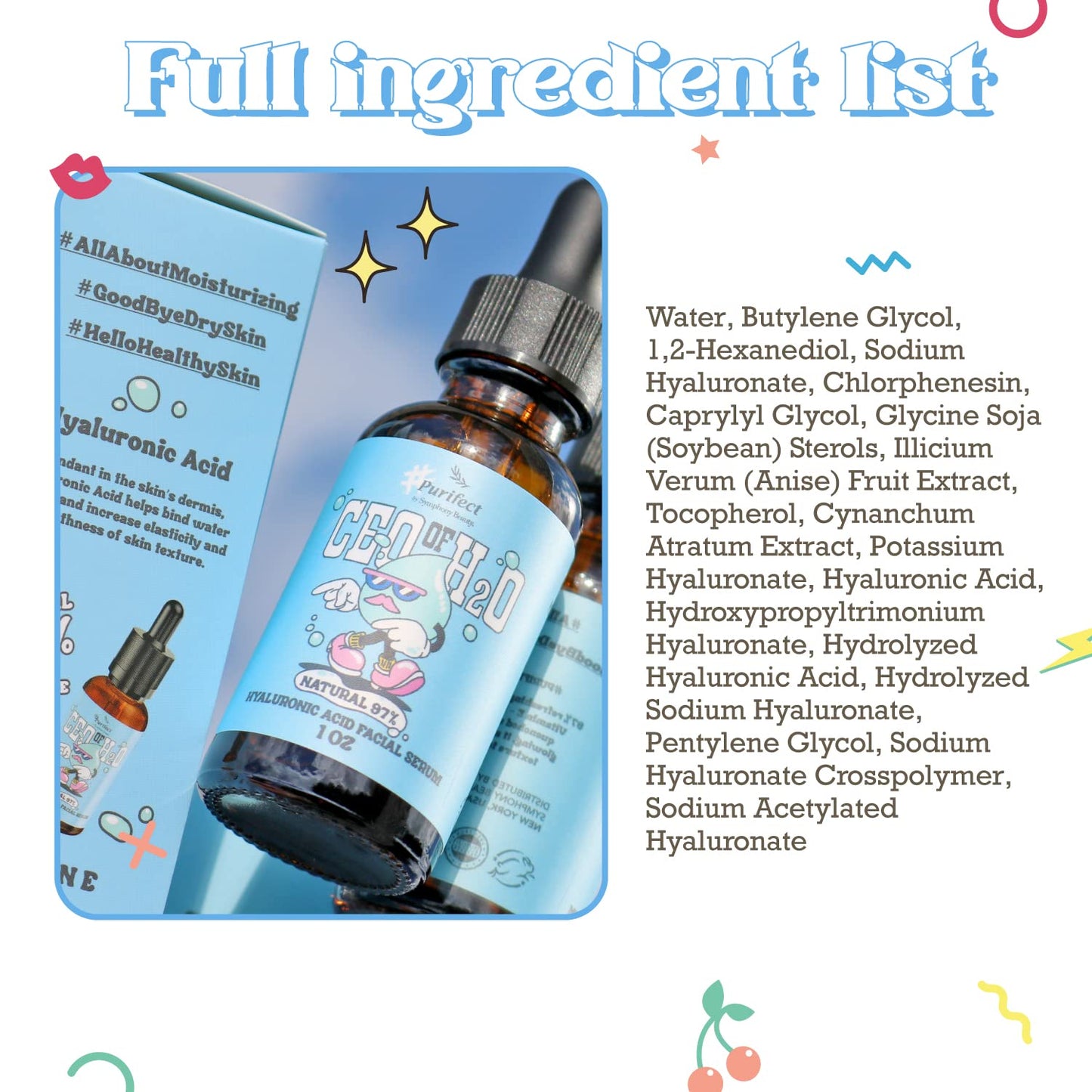 Purifect CEO of H20 Hyaluronic Acid Facial Serum - Ultra Hydrating & Moisturizing Serum for Face, Balances Skin Texture, Vitamin E for Antioxidant Beauty & Personal Care Purifect by Symphony Beauty