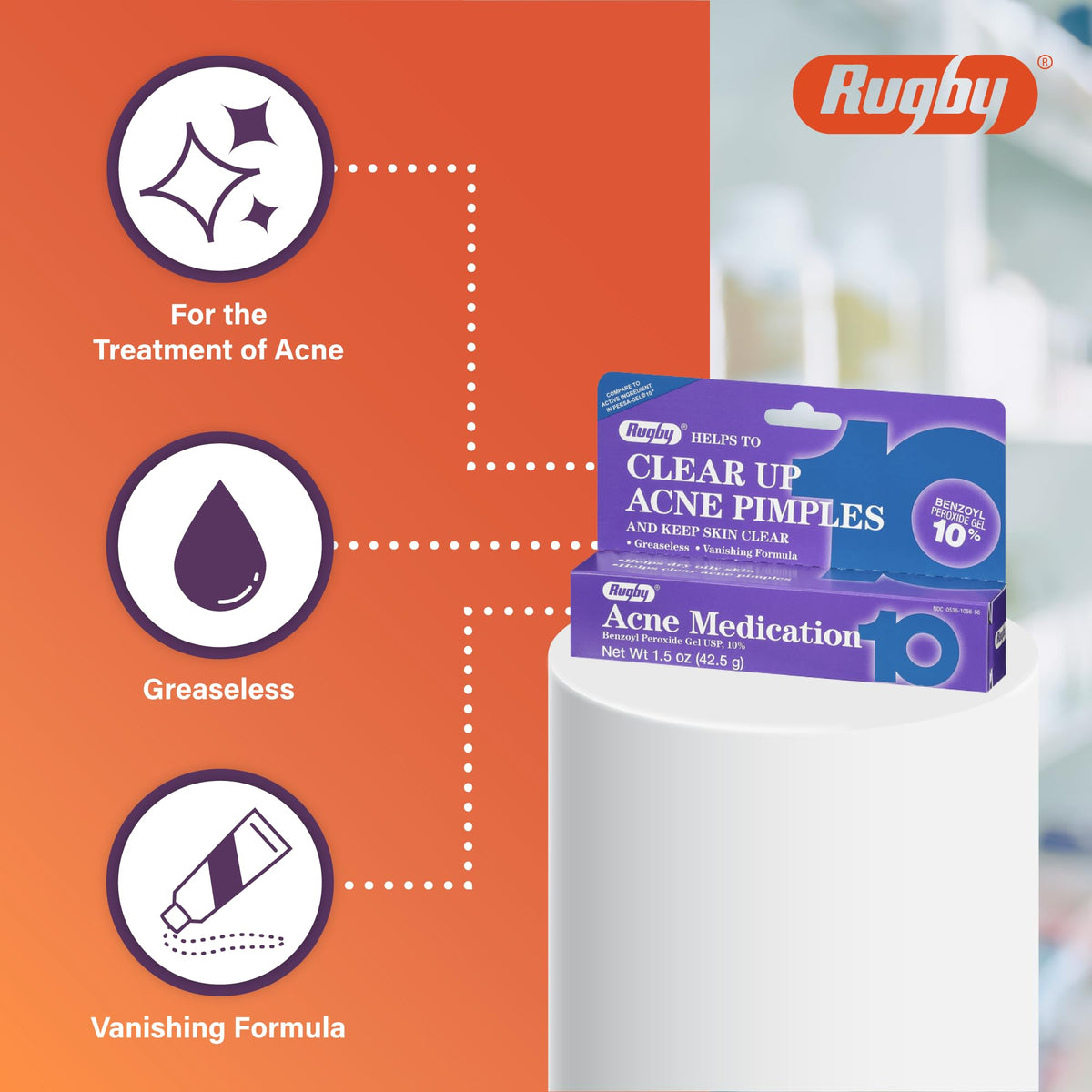 Rugby Acne Medication Benzoyl Peroxide Gel USP, 10% - Clear Up Acne Pimples - Greaseless, Vanishing Formula - 1.5 Oz (42.5g) - 12 Pack