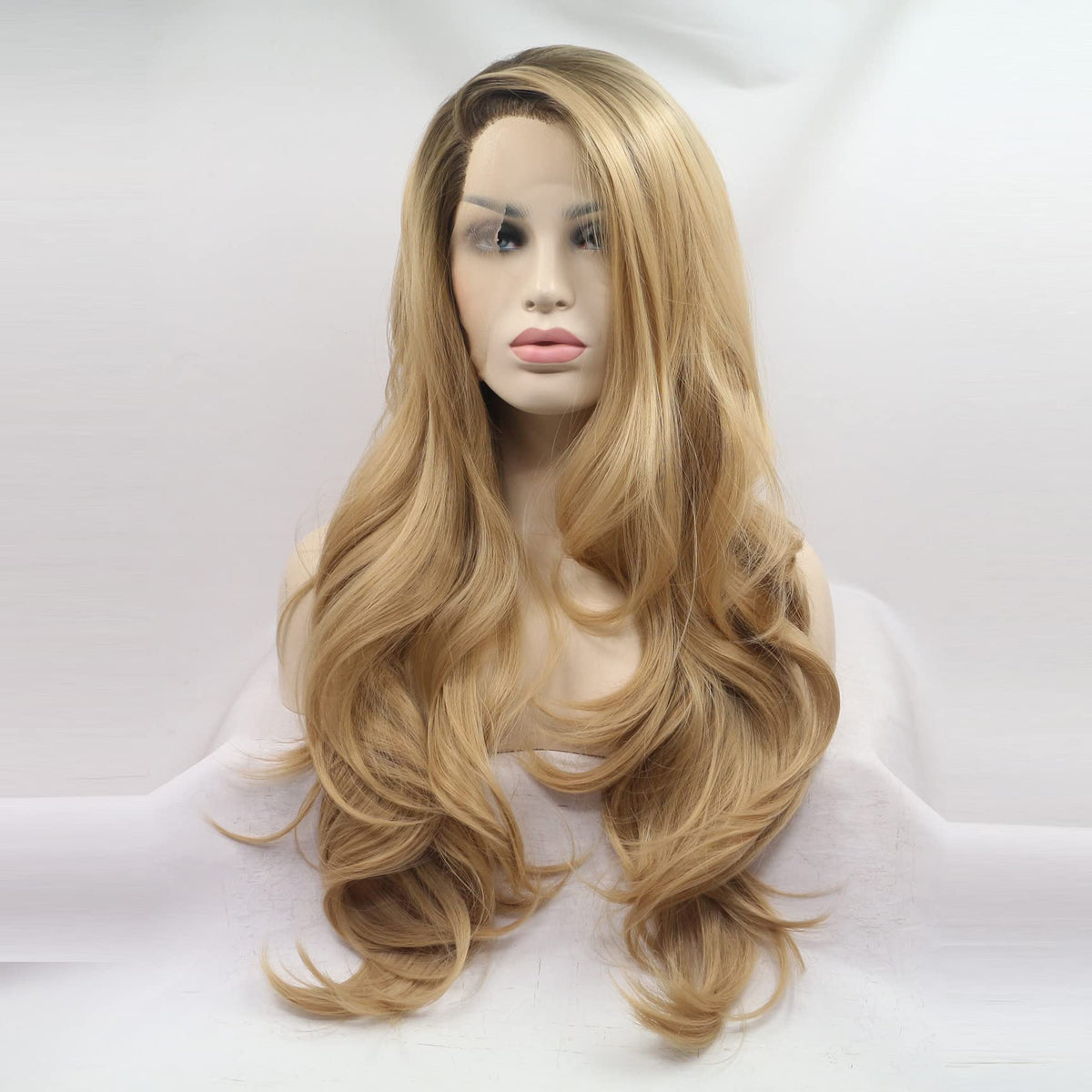 xiweiya Long Natural Wave Ombre Brown Blonde Synthetic Lace Front Wigs with Brown Roots 2 Tones Side Part Wig Heat Resistant Fiber Hair Wigs For Women