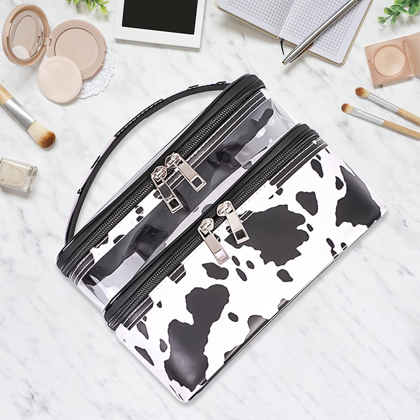 imerelez Double-layer Cosmetic Bag Makeup Bag Travel Makeup Bag Makeup Bags for Women Cosmetics Cases Portable Waterproof Foldable (Cow Print) Beauty and Personal Care imerelez