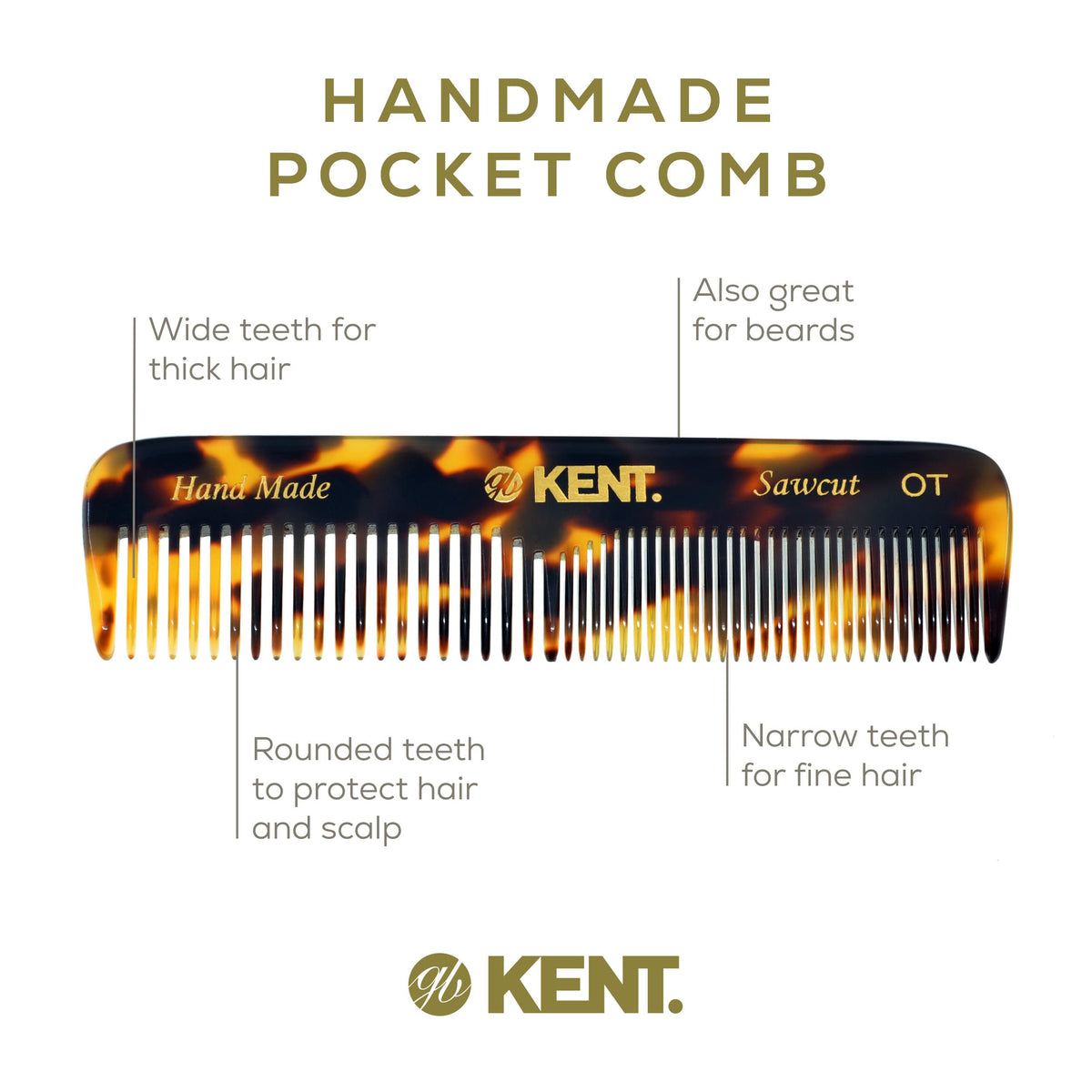 Kent OT TY Pocket Comb - Handmade Fine and Wide Tooth Hair Comb for Men, Women, and Kids - Travel, Beard, and Mustache Comb - Saw Cut and Hand