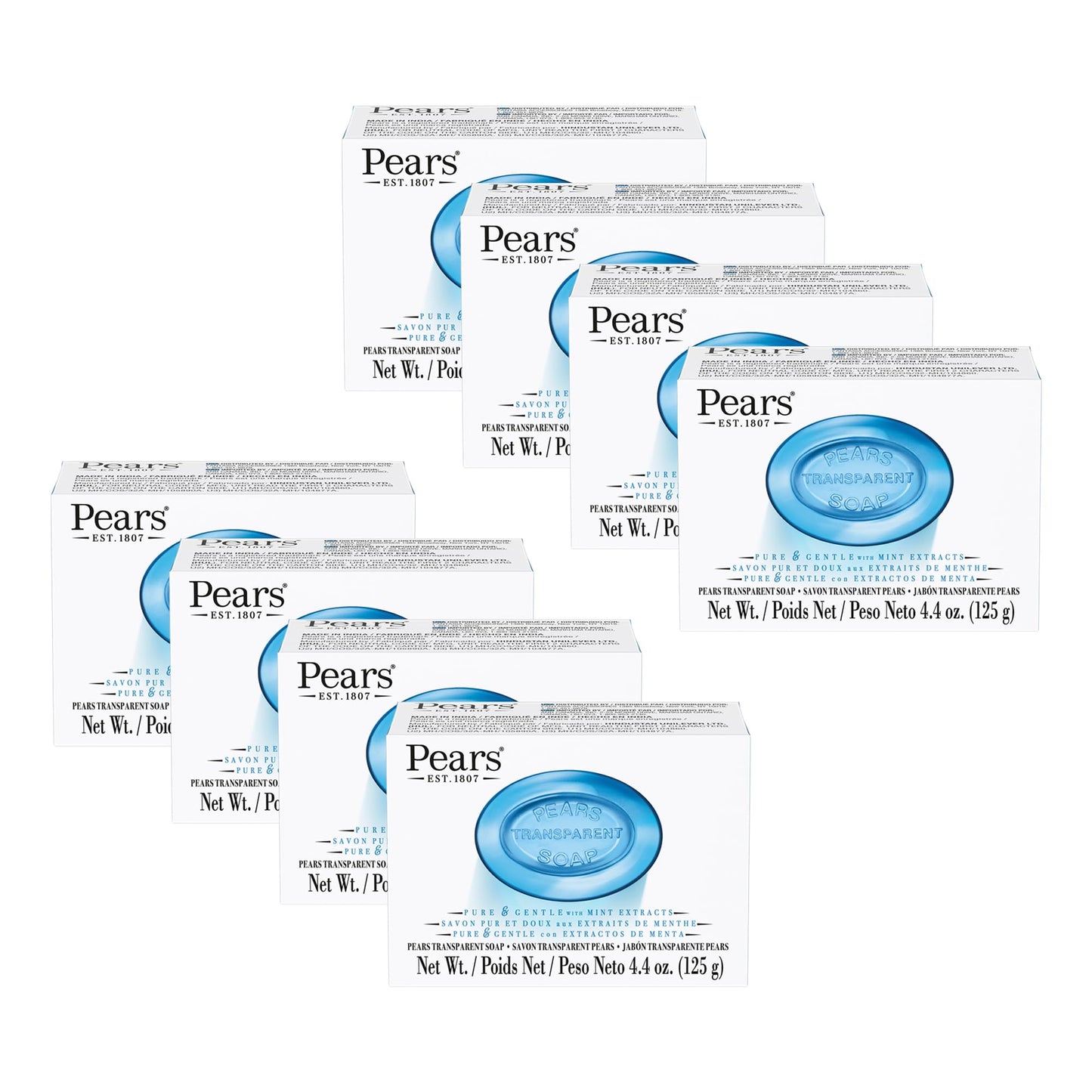 Pears Pure and Gentle with Glycerin and Mint Extracts - Transparent Soap Bar for Radiant Skin - Bar Soap for Women and Men - Blue - 8 pc Beauty & Personal Care Pears