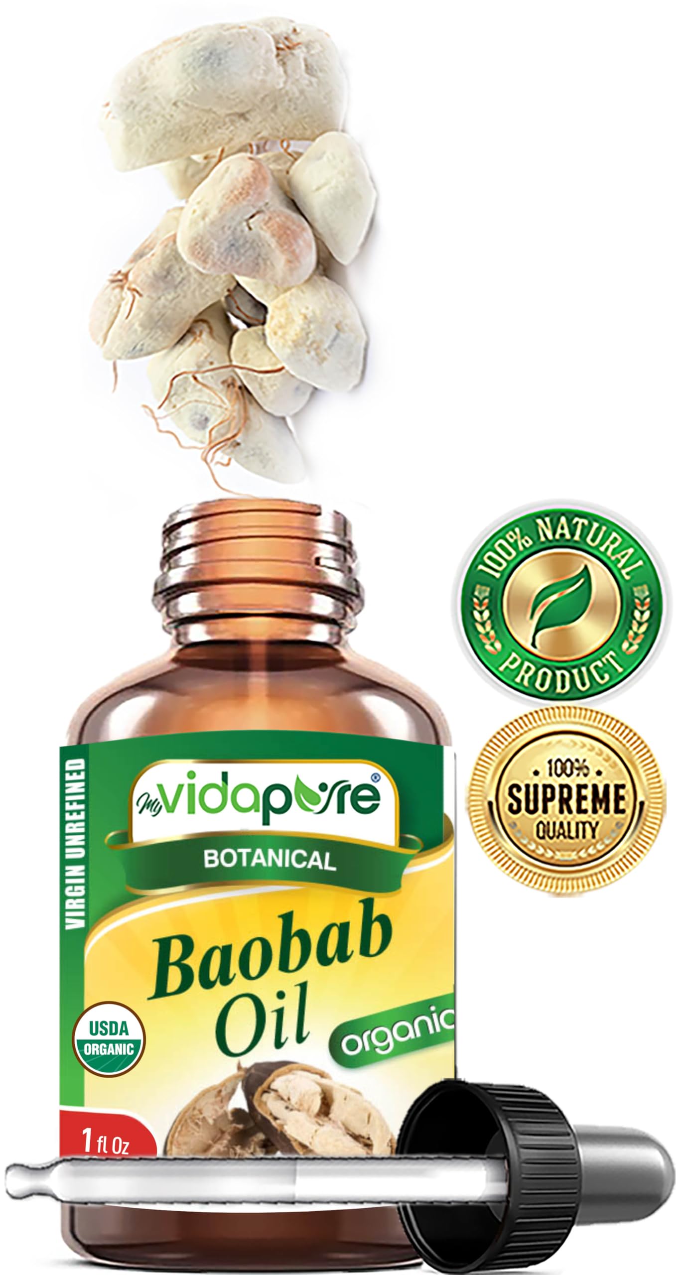 MYVIDAPURE Organic BAOBAB OIL Certified Organic 100% Natural Pure VIRGIN UNREFINED for Skin, Face, Hair, Lip and Nail Care (1 Fl Oz) Beauty & Personal Care MYVIDAPURE