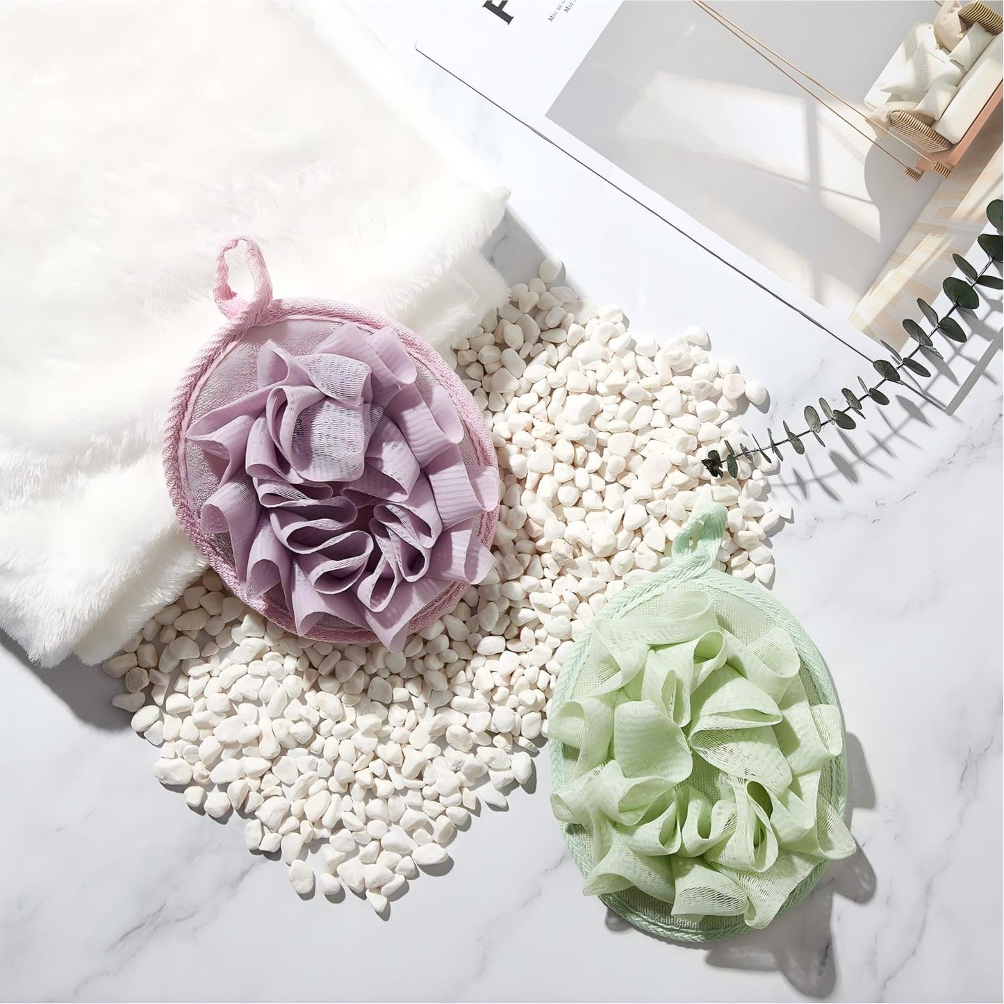 Boao 6 Pcs Bath Shower Pouf Sponge Mesh Pouf Shower Ball Exfoliating Body Sponge Pad Scrubber Glove with Flower Bath Ball (Beige,Green,Purple) Beauty & Personal Care Boao