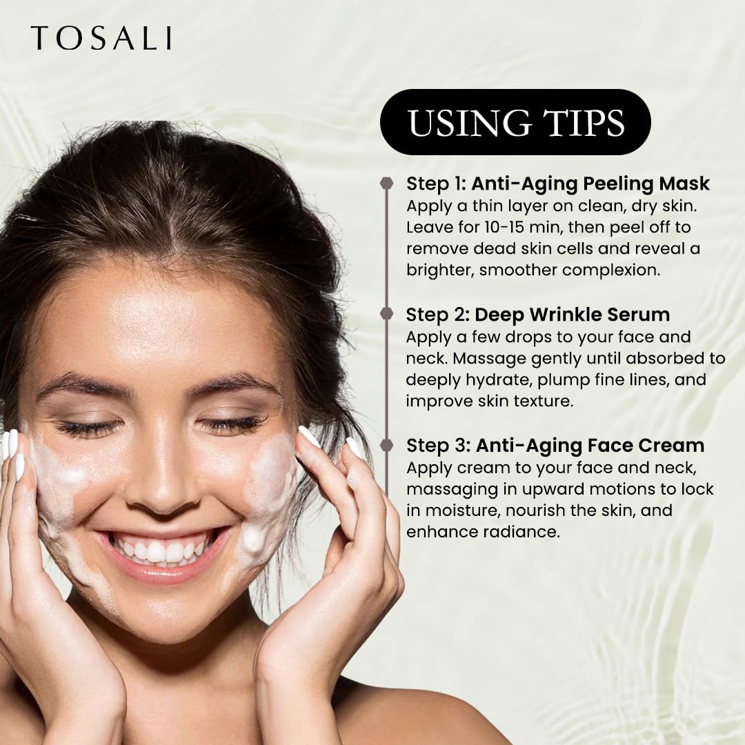 TOSALI Anti Aging Skincare Set - Daily Peeling Mask (6.8 oz), Deep Wrinkle Serum (1.7 fl oz) & Face Cream (1.7 oz) - Hydrating, Brightening, Wrinkle Beauty & Personal Care TOSALI
