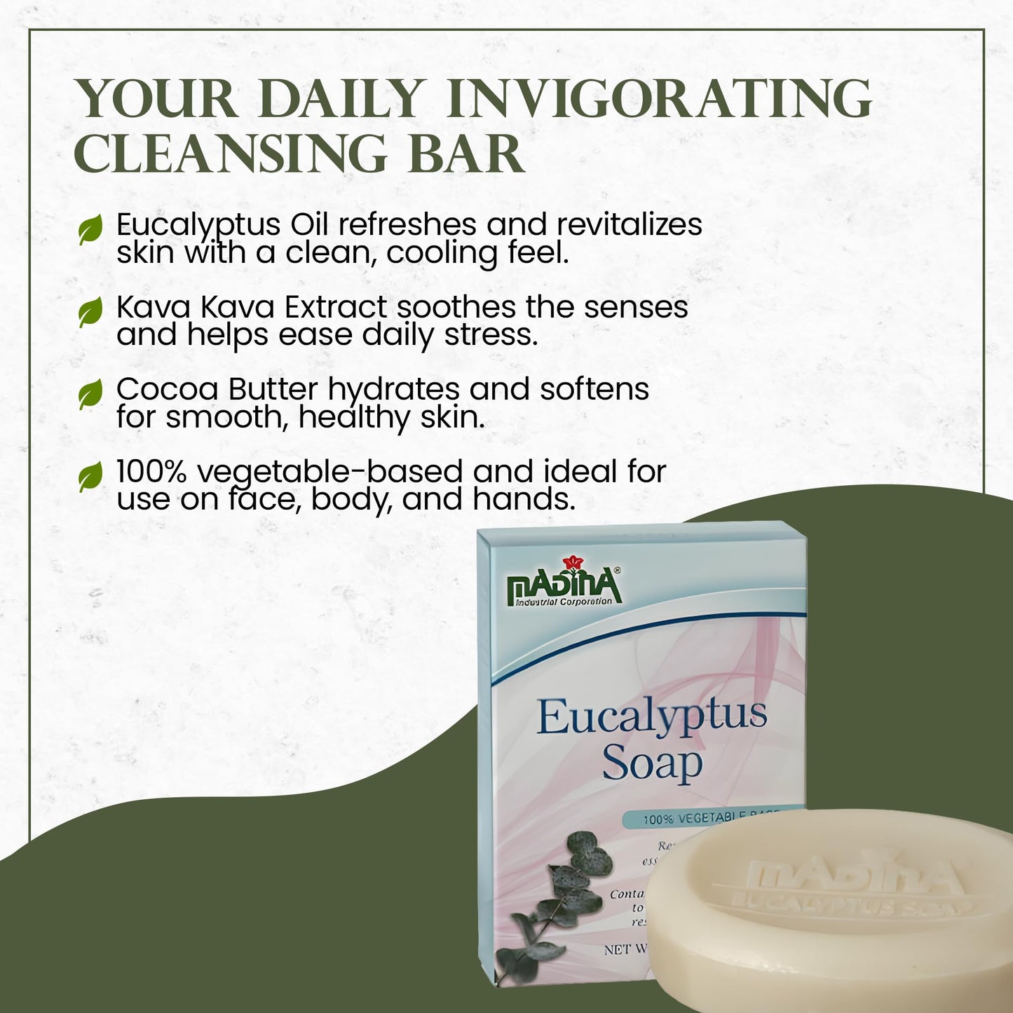 Madina Eucalyptus Soap Bar - Moisturizing, Invigorating, 100% Vegetable-Based, Cocoa Butter, Kava Kava Extract, Gentle Cleanser for Face & Body, 6 Beauty & Personal Care Madina