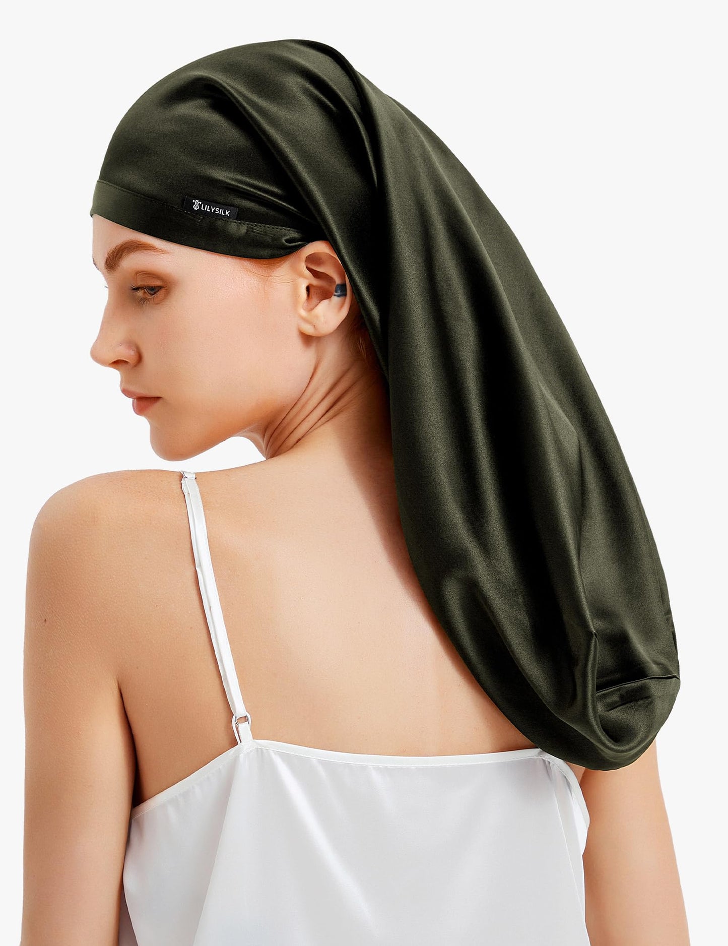 LilySilk 100% Silk Bonnet Mulberry 19 Momme Silk Sleep Cap Long for Curly Hair Night Cap for Sleeping, Silk Hair Wrap for Women Olive Green Beauty and Personal Care LilySilk